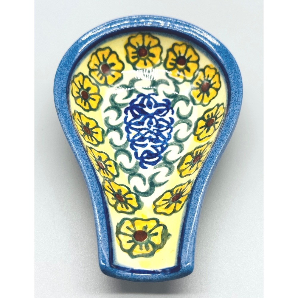 Unikat Polish Pottery Spoon Rest Blue Yellow Floral L Burnicki Boleslawiec